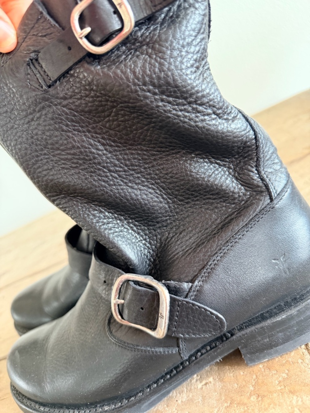 Frye Veronica Black Leather Mid-Calf Biker Boots with Buckle Detail - Picture 4 of 4